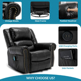 OUINCH Manual 360 Degree Swivel Glider Rocker Recliner Chair with Massage and Heat, USB Ports and 2 Side Pockets, Faux Leather, Black OUINCH
