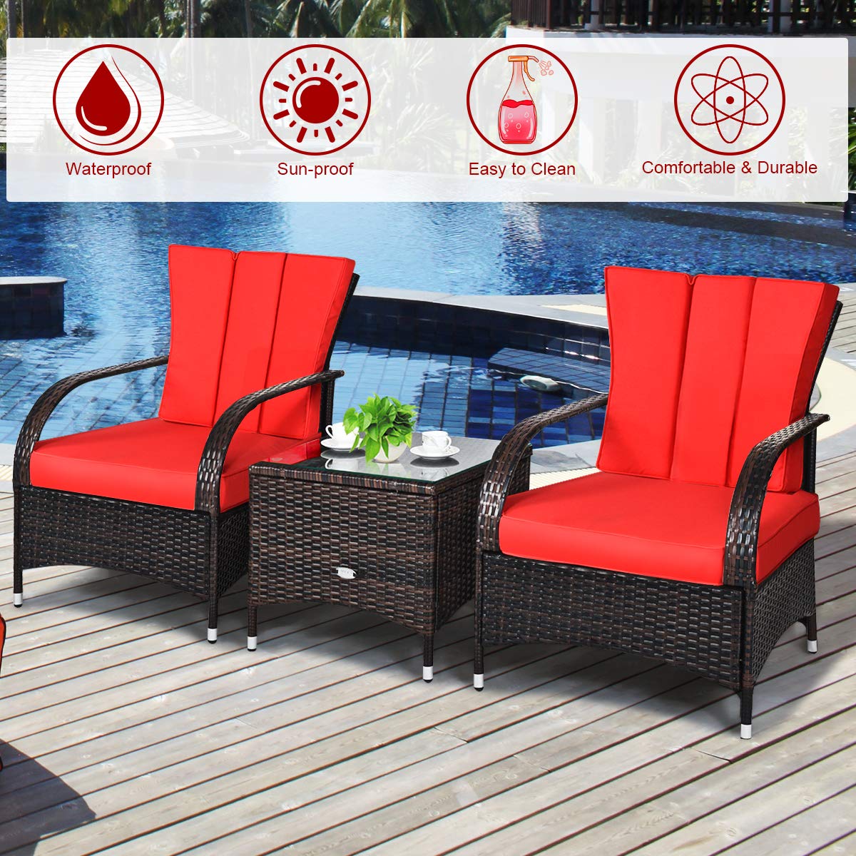 Tangkula 3-Piece Patio Conversation Set, Outdoor Wicker Furniture Set, Rattan Coffee Table & Chairs Set with Cushions, Outdoor Conversation Set for Garden Balcony Backyard (Red) Tangkula