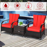 Tangkula 3-Piece Patio Conversation Set, Outdoor Wicker Furniture Set, Rattan Coffee Table & Chairs Set with Cushions, Outdoor Conversation Set for Garden Balcony Backyard (Red) Tangkula