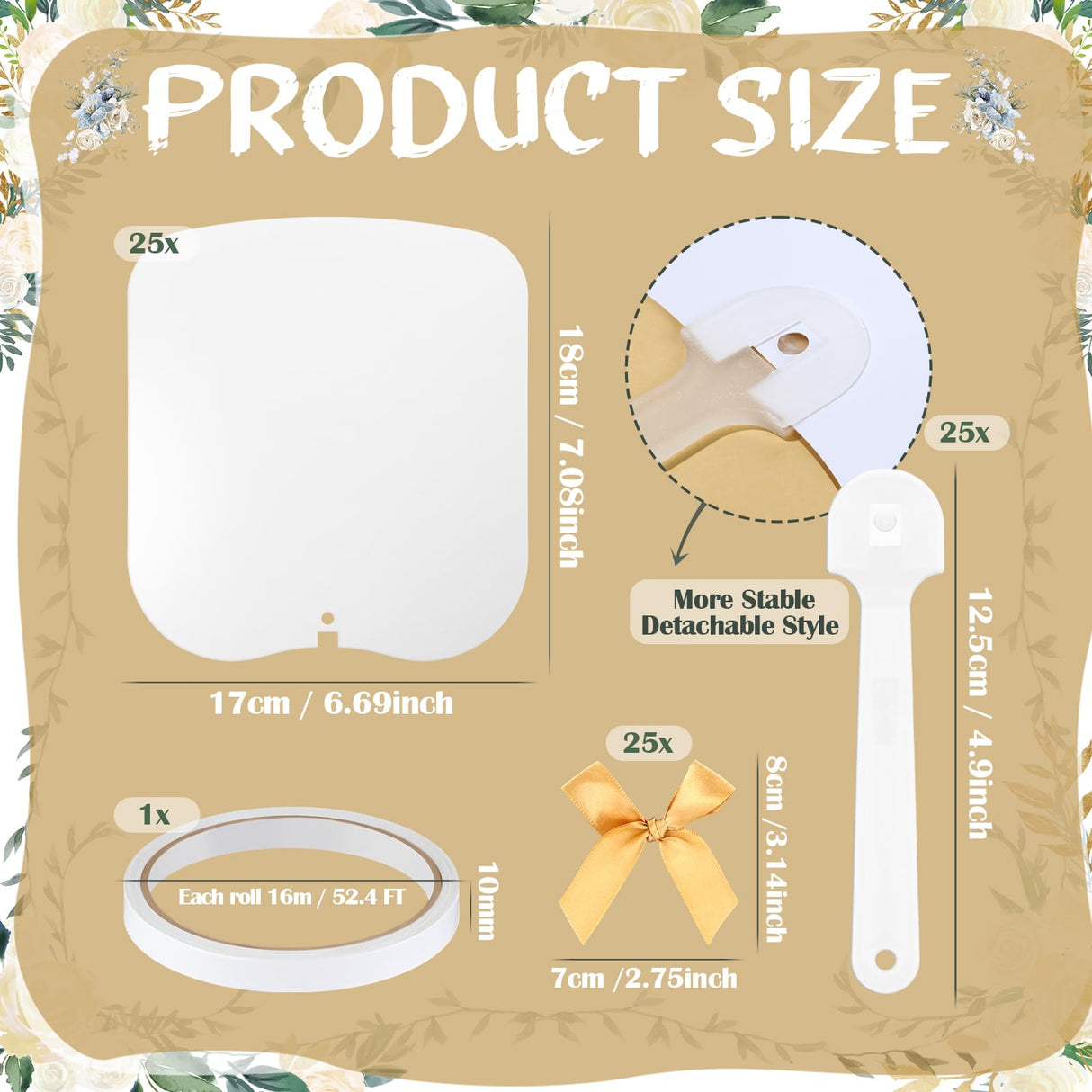 Vercraft Sublimation Fans Blank Bulk Fans Handheld Set Double Sided Sublimation Fans Includes Blank White Cardstock Handle Sticks Gold Bow for Wedding Baby Shower Party Supplies DIY(25 Pcs) Vercraft