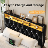HOMBCK Full Size Bed Frame with LED Lights, Velvet Upholstered Bed Frame Full with Charging Station and Storage Headboard, Modern Diamond and Rivet Design, No Box Spring Needed, Easy Assembly, Black HOMBCK