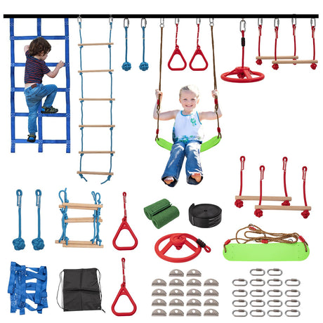 Bronkige Ninja Warrior Obstacle Course for Kids - 10 Outdoor Warrior Obstacles with 65FT Slackline Kit, Monkey Bars, Climbing Net, Swing, Trapeze, Rope Ladder Bronkige