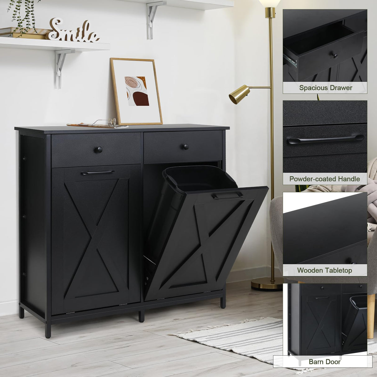 Clevich Double Tilt Out Trash Cabinet 20 Gal, Kitchen Wooden Recycling Cabinet, Hidden Trash Can Holder w/Drawers & Tabletop, Dog-Proof Trash Bin Cabinet, Trash Bins NOT Included(Black) Clevich