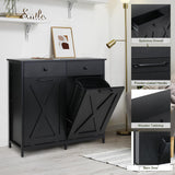Clevich Double Tilt Out Trash Cabinet 20 Gal, Kitchen Wooden Recycling Cabinet, Hidden Trash Can Holder w/Drawers & Tabletop, Dog-Proof Trash Bin Cabinet, Trash Bins NOT Included(Black) Clevich