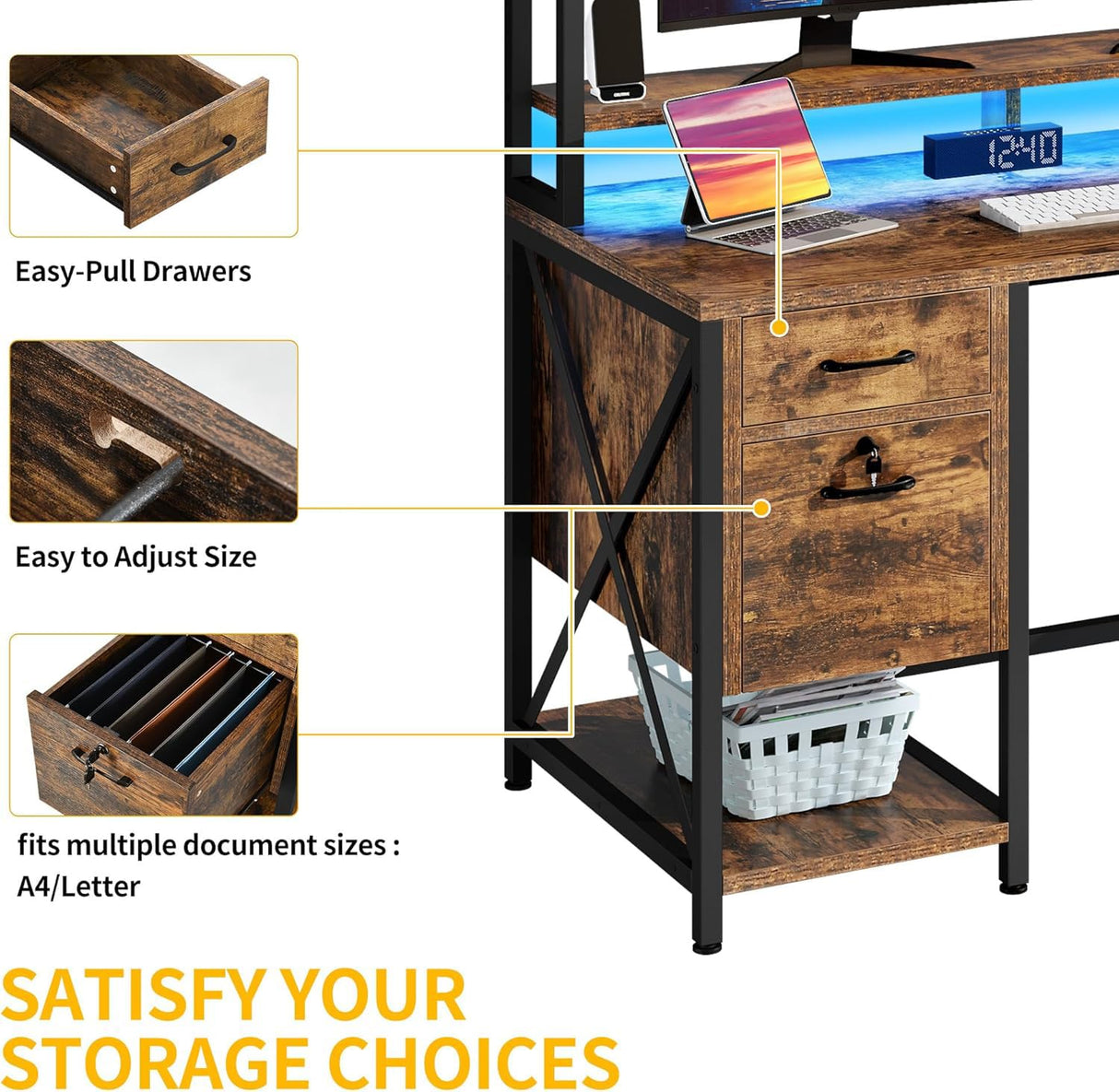 DWVO Computer Desk with Drawers & Hutch, 59.1" Office Desk with Power Outlets & LED Lights, Home Office Desk with Storage Shelves, Rustic Brown DWVO