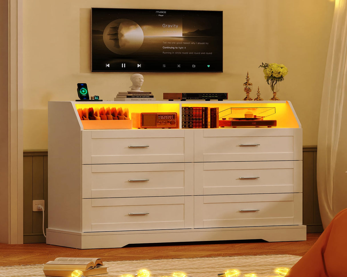 TEENFON 46.5'' Wide White Dresser for Bedroom, 6 Drawer Dresser with Charging Station & LED Lights, Closet Organizer for Bedroom, White TEENFON