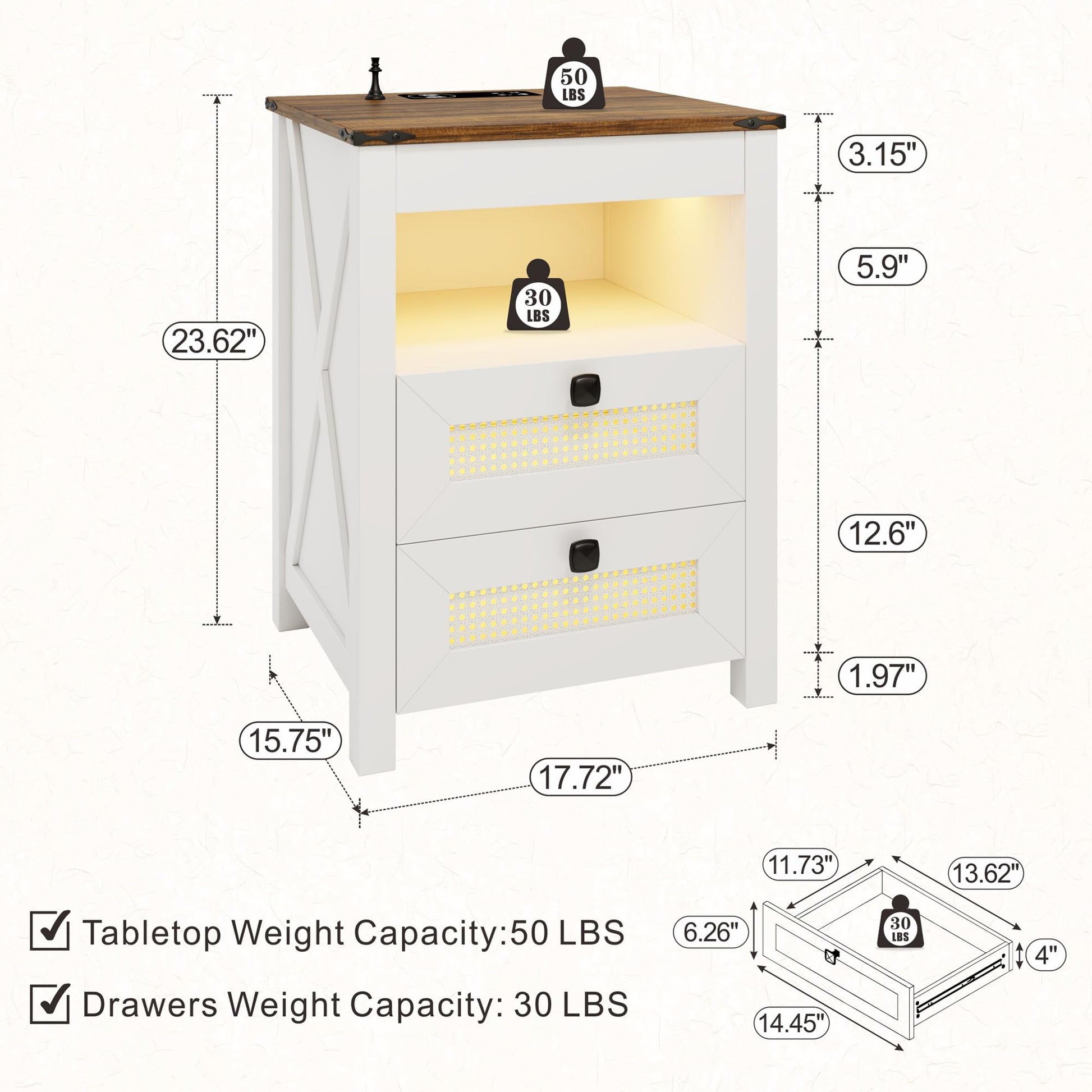 FREDEES Bedside Table set of 2 with Drawers, End Table with Charging Station, LED Night Stand with Human Sensor Light, Rattan Nightstand for Bedroom, White - WoodArtSupply