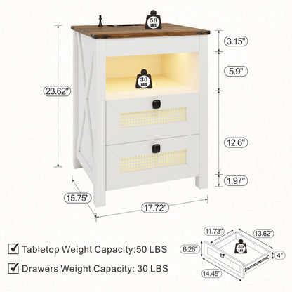 FREDEES Bedside Table set of 2 with Drawers, End Table with Charging Station, LED Night Stand with Human Sensor Light, Rattan Nightstand for Bedroom, White - WoodArtSupply