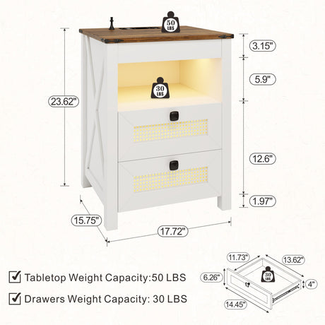 FREDEES Bedside Table set of 2 with Drawers, End Table with Charging Station, LED Night Stand with Human Sensor Light, Rattan Nightstand for Bedroom, White FREDEES