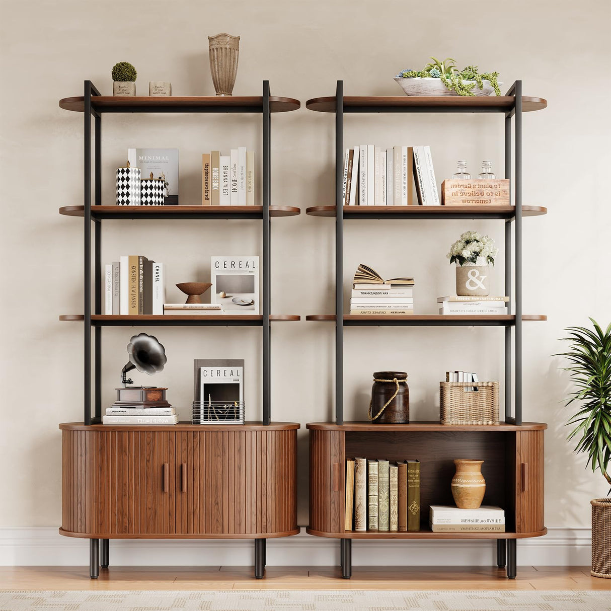 71" Tall Fluted Bookshelf with Sliding Tambour Doors, 4-Tier Mid Century Modern Metal Bookcase Cabinet w/Open Display Storage Shelf, Display Cabinet for Office, Living Room Walnut ComfyCorner