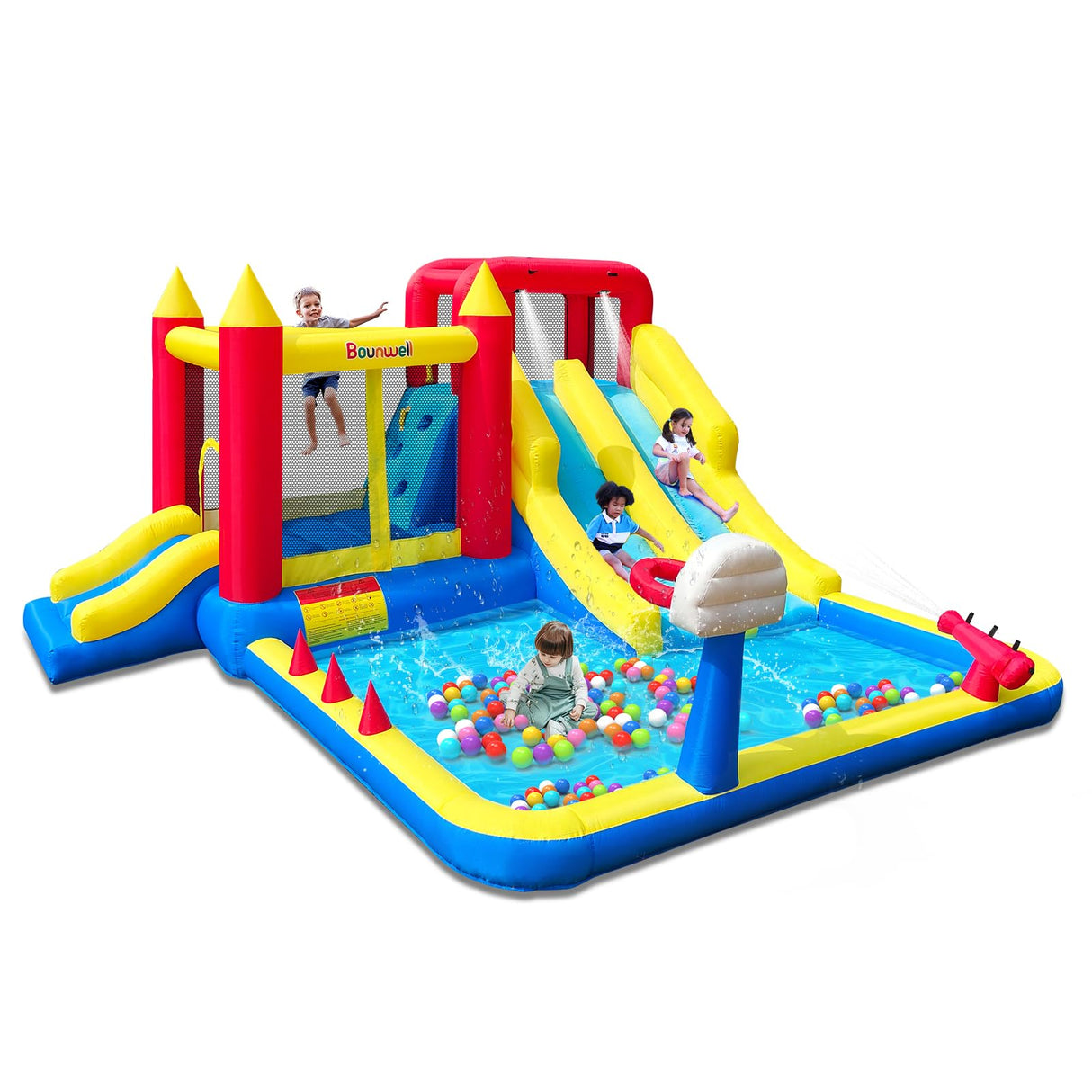 Inflatable Bounce House with Double Slide, Water Bounce Castle with Slide,Water Slide with Splash Pool, Water Cannon, Climbing Wall, Basketball Hoop, Backyard Water Slide for Kids Bounwell