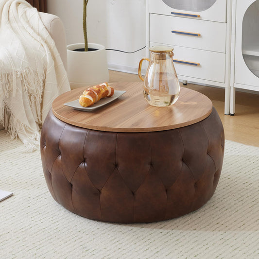 YDcosyfy PU Leather Round Storage Ottoman with Wooden Lid, 25 Inch Tufted Circle Ottoman Footrest Stool Bench Coffee Table for Living Room,Brown