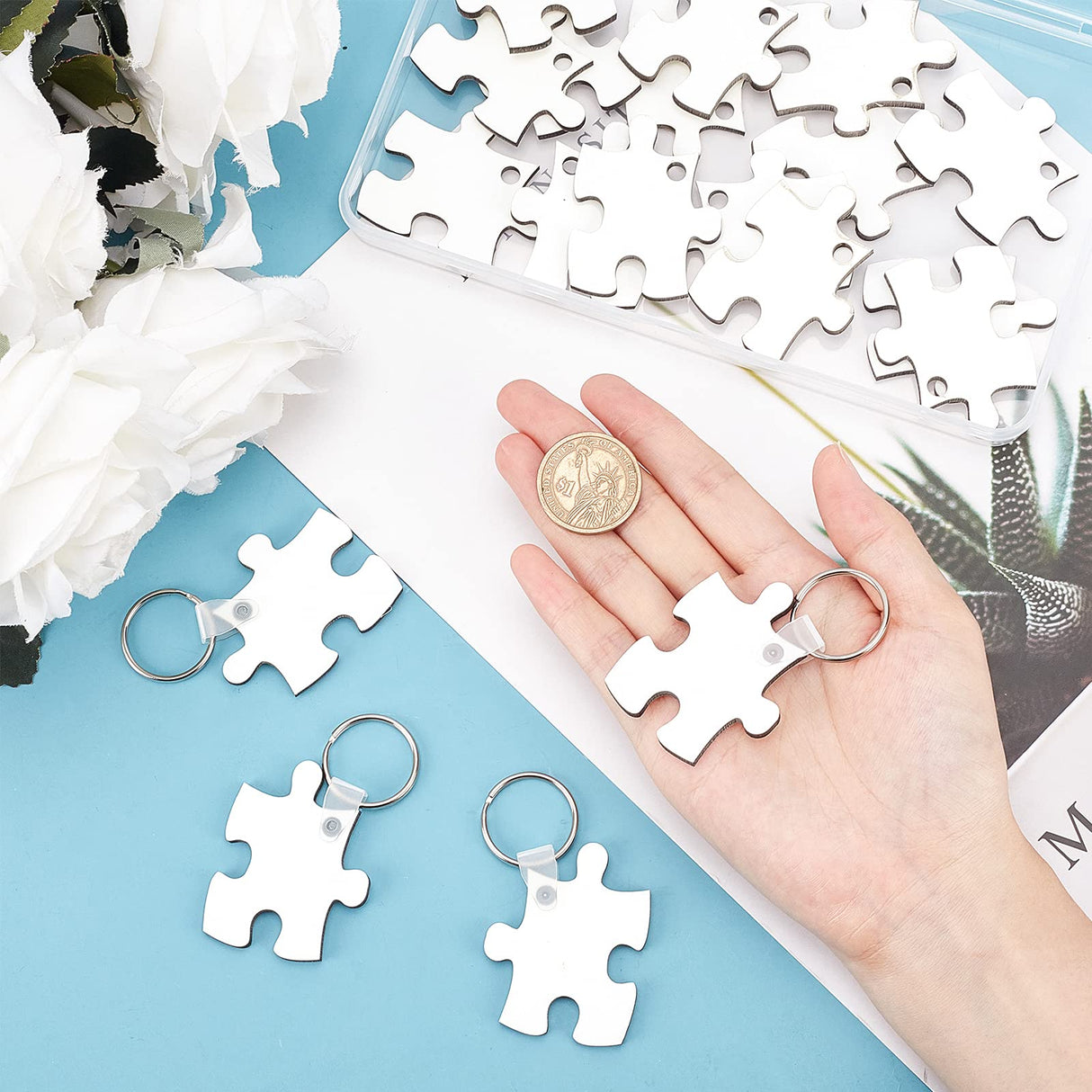 CHGCRAFT 20 Sets Puzzle Sublimation Blanks Keychains Double-Sided Keychain Blanks MDF Board Heat Transfer Keyring White for Heat Press, 2.76x1.97inch CHGCRAFT