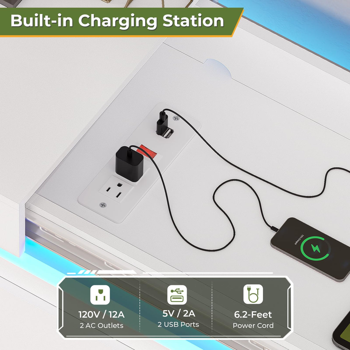 DICTAC Modern 6 Drawers White Dresser with Sliding Desktop, Wide Chest of Drawers with Charging Station & LED Lights, Large Storage Tower Clothes Organizer, White Dresser for Bedroom DICTAC