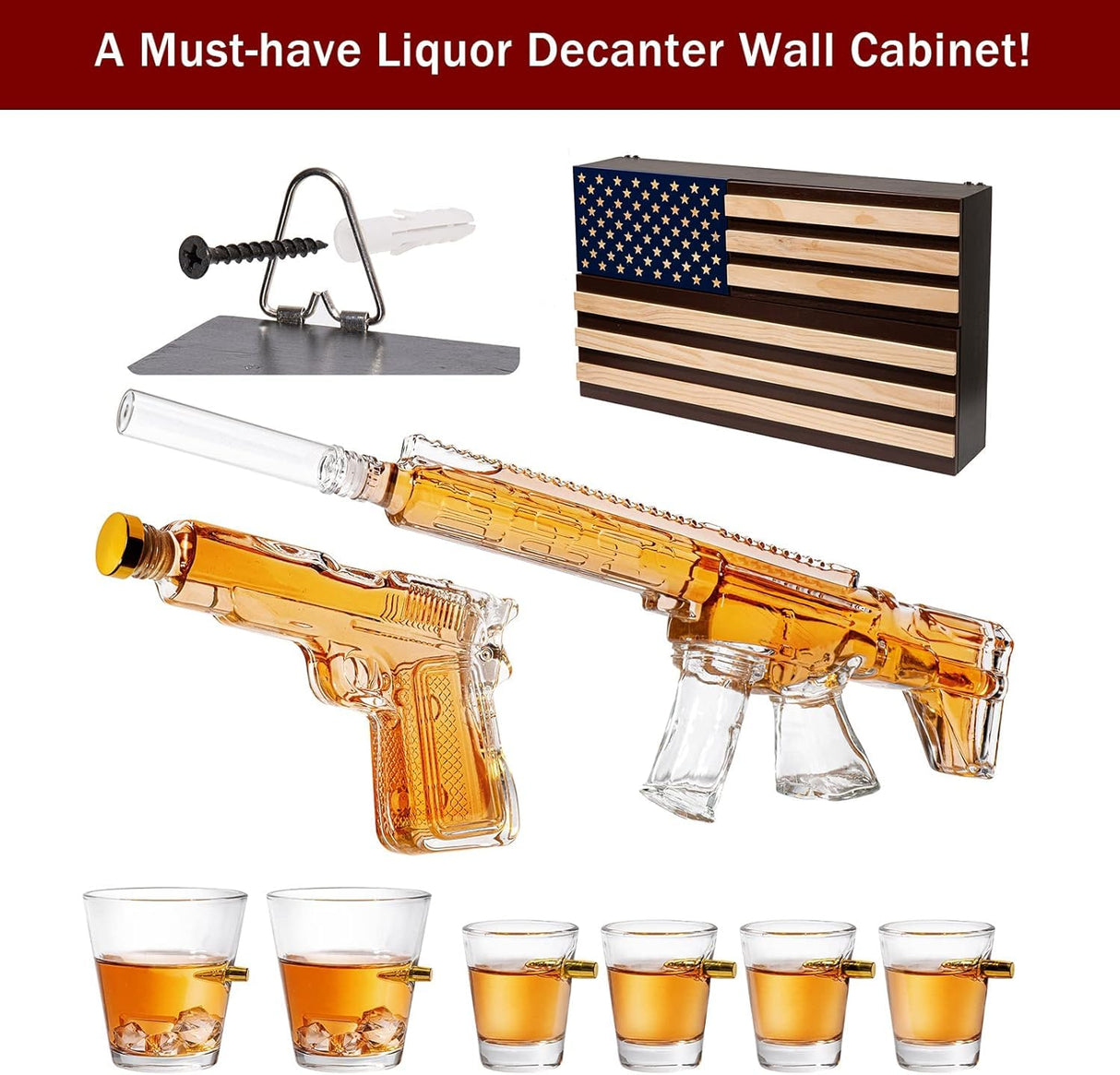 AR15 Whiskey Gun Decanter Flag Set - 1000ml Rifle & Pistol Set - Hanging Storage American Flag Gift Box & Bullet Glasses & Shot Glass, Great Gift - Army, Navy, Marine, Veterans & Gun Enthusiasts Gifts The Wine Savant