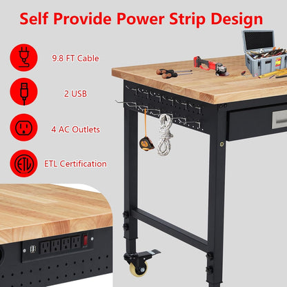 Workbench Adjustable Height 48" x 24" Worktable, Heavy Duty Rubber Wood Top Workbench with Drawer Storage, 2000 Lbs Load Capacity, Mobile Tool Storage Workstation with Power Outlets & Lockable Wheels