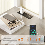 Loft Bed Twin Size with L-Shaped Desk and Storage Shelves, Metal Loft Bed Frame with Power Outlet, LED Lights, 3 Fabric Drawers, Metal Mesh, Space-Saving, No Box Spring Needed, White MSmask