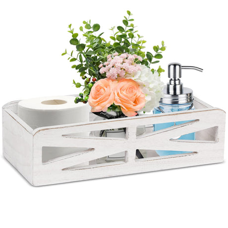 Bathroom Decor Box Toilet Paper Holder, Rustic Wooden Toilet Tank Box, Farmhouse Over Toilet Bathroom Organizer Storage Basket for Living Room, Table Counter, Kitchen (Rustic White) RJMKD