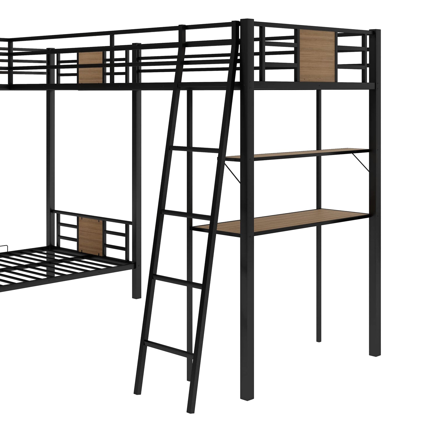 MERITLINE Triple Metal Bunk Beds,L-Shaped Metal Triple Bunk Bed with Desk and Shelf, Twin Over Twin Bunk Bed with A Twin Loft Bed Attached, 3 Bed Bunk Beds for Kids Teens, Brown