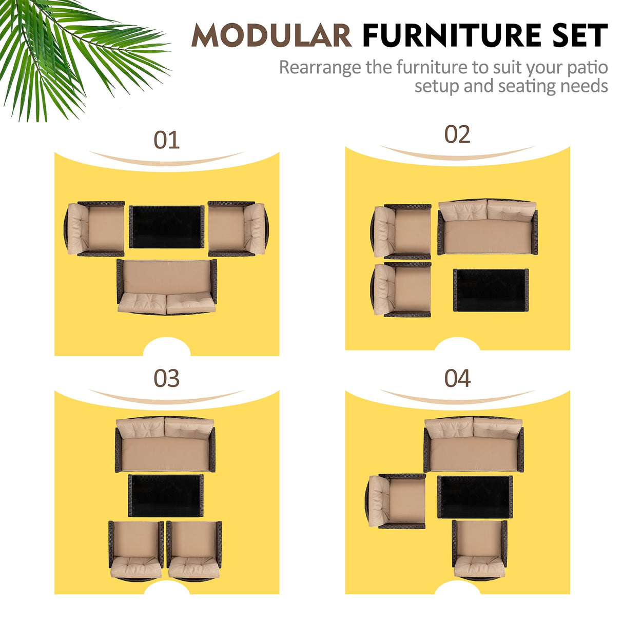 Shintenchi 4 Piece Patio Furniture Set, Outdoor Rattan Conversation Set with Coffee Table, Outside Wicker Sectional Sofa Couch with Cushion, Brown and Khaki Shintenchi