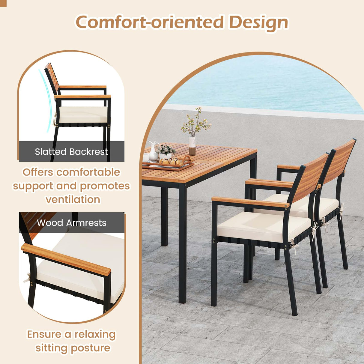 Toolsempire 4 Pieces Patio Dining Table Set, Outdoor Rectangle Table w/Loveseat & 2 Stackable Chairs, Cushions, Umbrella Hole, Acacia Wood Armrests & Tabletop, Dinette Furniture for Backyard Garden Toolsempire