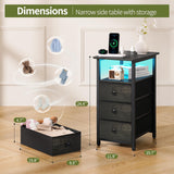 Yoobure End Table with Charging Station, LED Narrow Side Table Bedside Table, Small Night Stand End Tables Living Room, Skinny Nightstand with 3 Fabric Drawers, Side Tables Bedroom for Small Spaces Yoobure