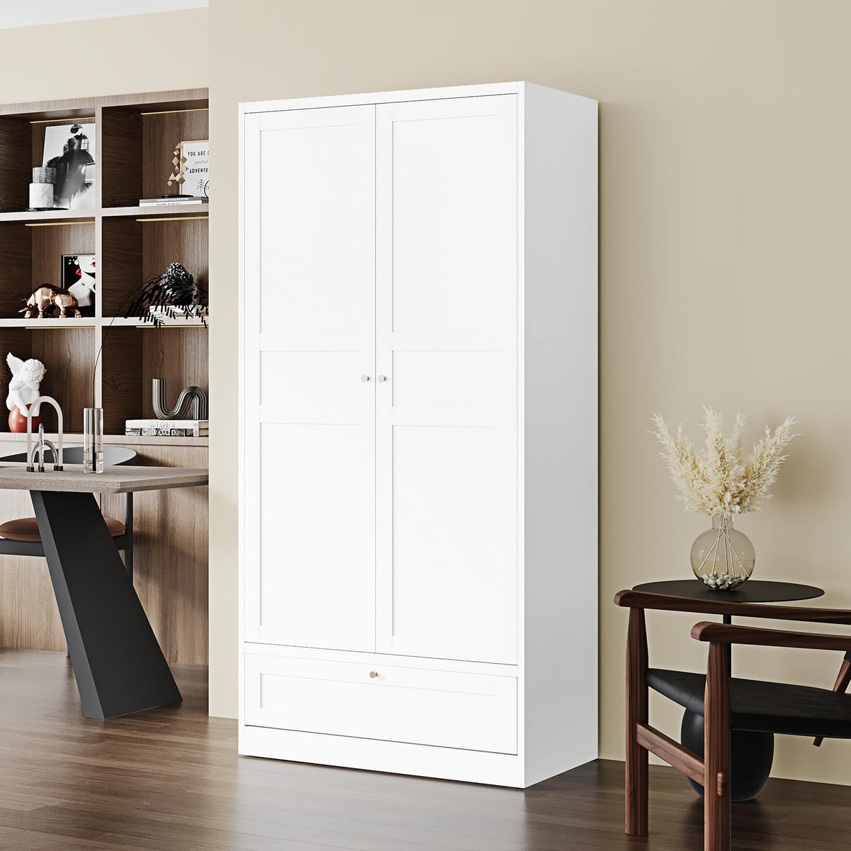 ZAOUS Metal Armoire Wardrobe Closet,72" Tall Wardrobe Cabinet with Drawer,2 Doors Armoire Storage Closet with Adjustable Shelves and Hanging Rod for Bedroom,White ZAOUS