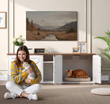 HOOBRO Double Litter Box Enclosure, Hidden Litter Box Enclosure with Corridor, Cat Litter Box Furniture with Storage Layer, Wooden Litter Box Cabinet with Hooks, White and Walnut WH15MW01 HOOBRO