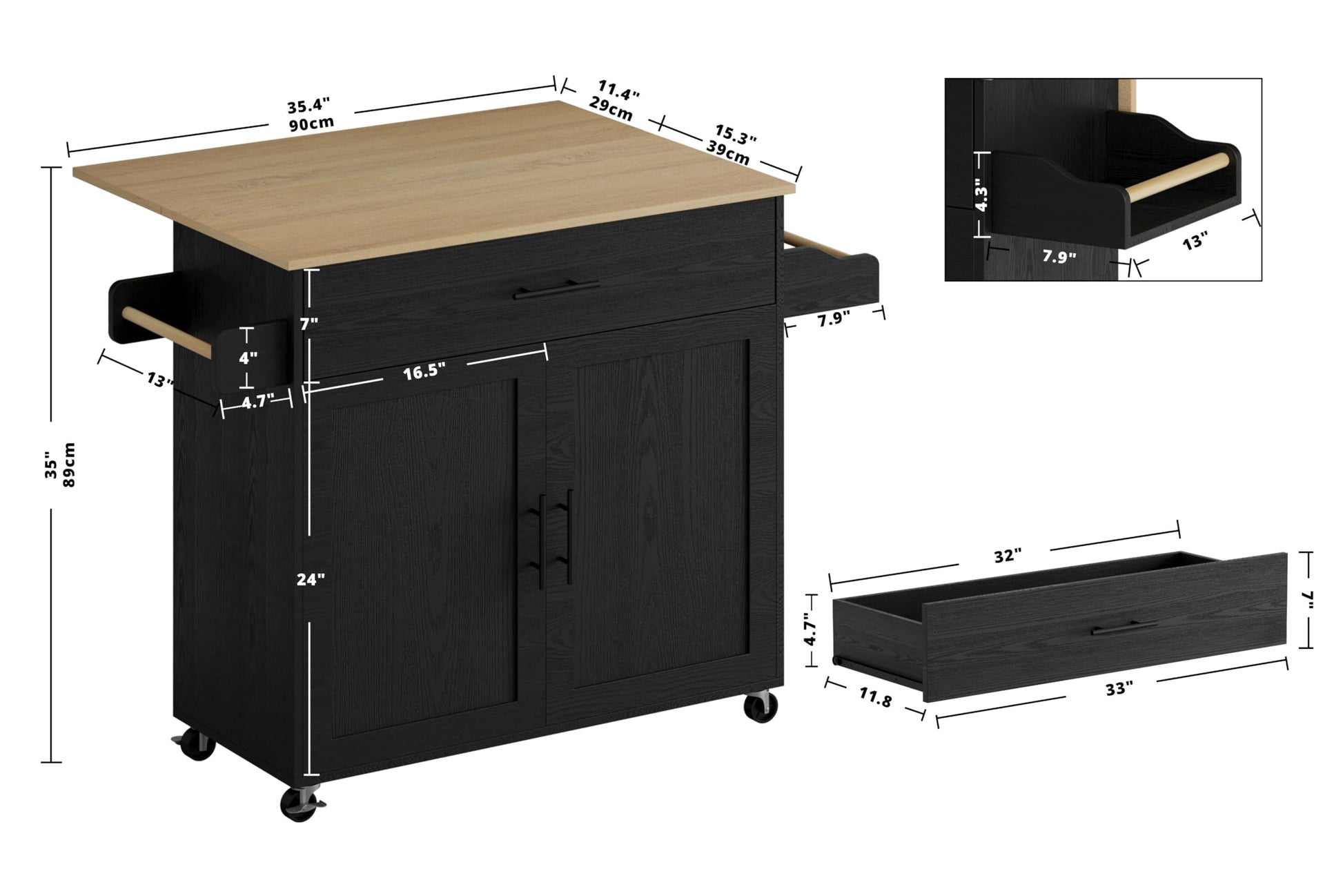 Rolling Black Kitchen Island Cart with Drop Leaf, Storage Cabinet & Spice Rack by IRONCK - WoodArtSupply