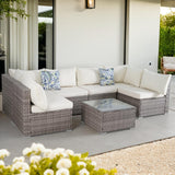 7 Pieces Outdoor Wicker Rattan Patio Furniture Sectional Set, Outdoor Furniture Sectional Sofa with Soft Cushion and Tempered Glass Table for Garden, Backyard, Balcony, Poolside, Grey and Beige BRRYIN