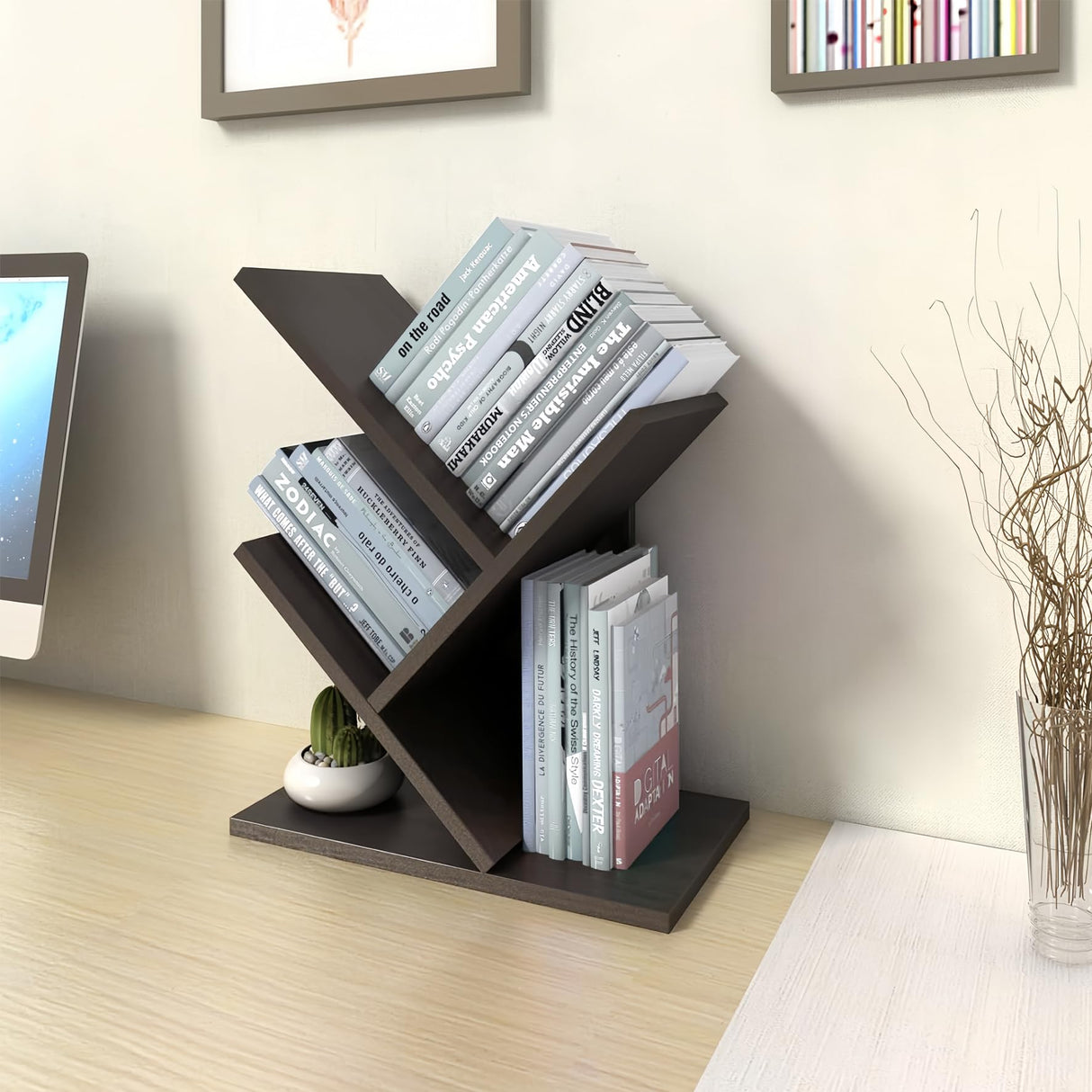 Godferyxin Book Tree Bookshelf, 3-Tier Wood Bookshelf Tree Bookcase for Displaying Books, CDs, Magazines and More at Office, Home or School Godferyxin