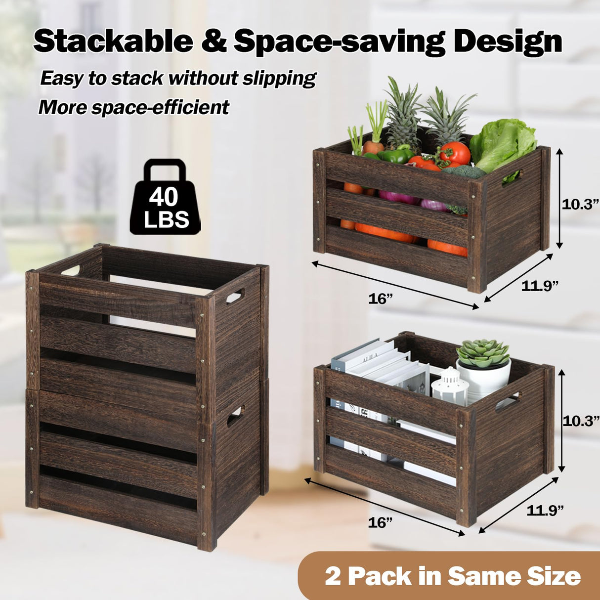 Edergoo Wooden Crates, Farmhouse Wooden Crates for Storage, Rustic Handmade Wood Crate with Handles, Durable Wooden Crates for Display, Large Wooden Crate Box, Wooden Crates for Decor, 2 Pack, Brown Edergoo