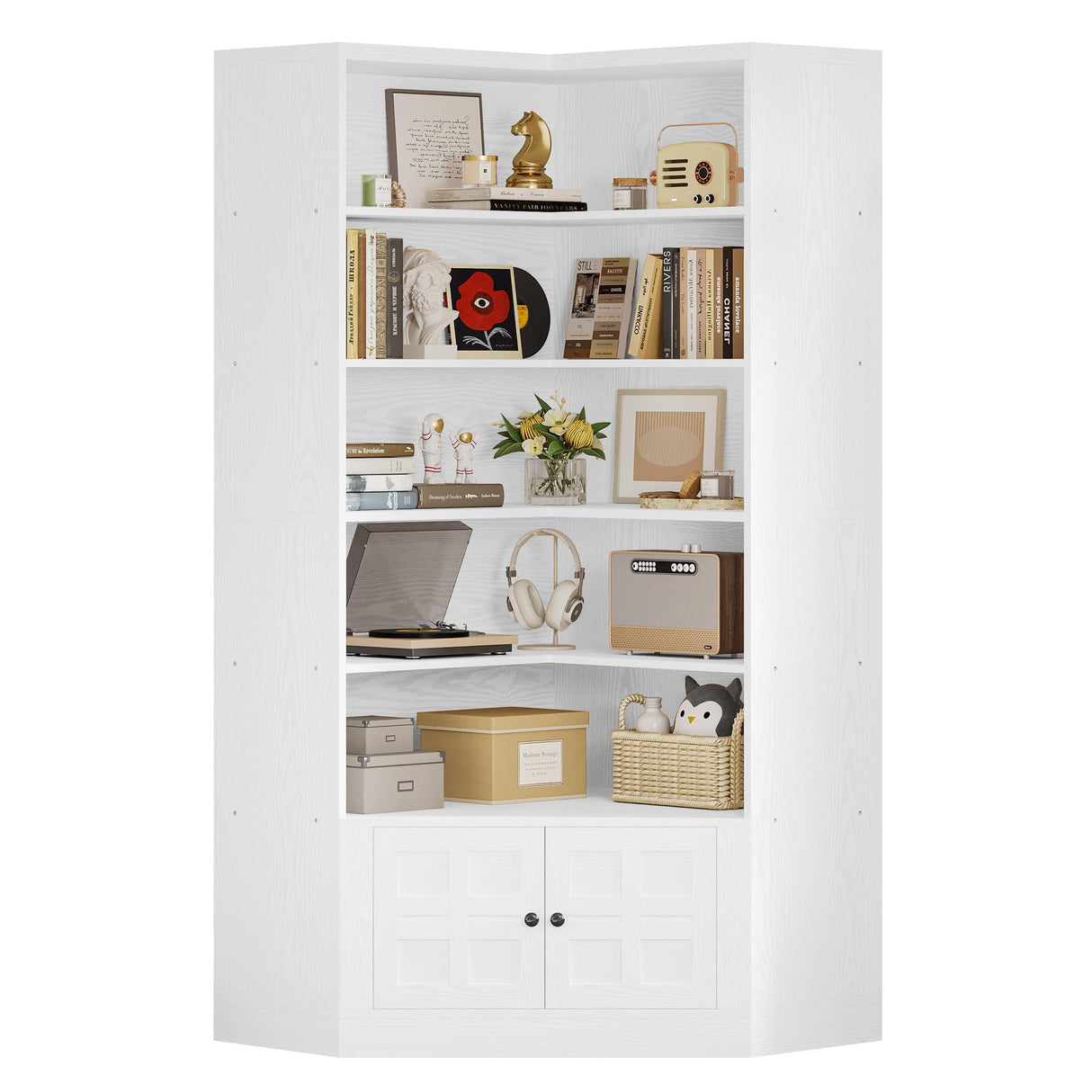 IRONCK 81" Corner Bookshelf with Door, 6 Tiers Lagre Bookshelves with Storage Rack, Tall Bookcase for Living Room Home Office, White IRONCK