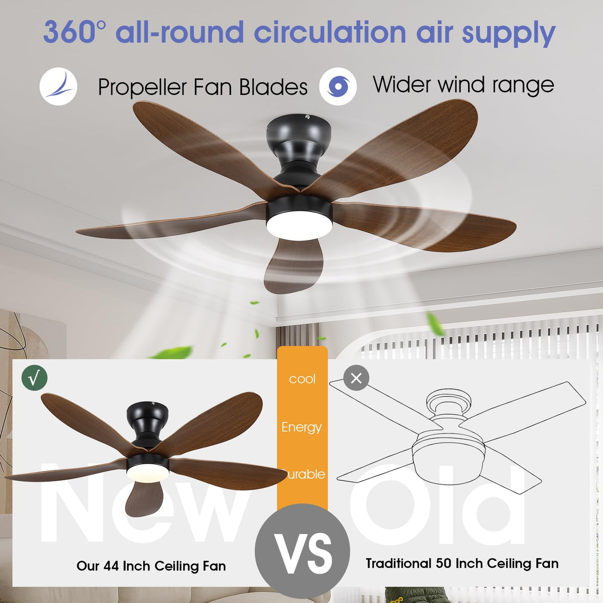 Kviflon 44 Inch Ceiling Fans with Lights, Modern Flush Mount Ceiling Fans with Remote/APP Control, Low Profile Ceiling Fans with 5 Reversible Curved Blades LED Lights 3 CCT Dimmable 6 Speeds, Brown Kviflon