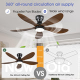 Kviflon 44 Inch Ceiling Fans with Lights, Modern Flush Mount Ceiling Fans with Remote/APP Control, Low Profile Ceiling Fans with 5 Reversible Curved Blades LED Lights 3 CCT Dimmable 6 Speeds, Brown Kviflon