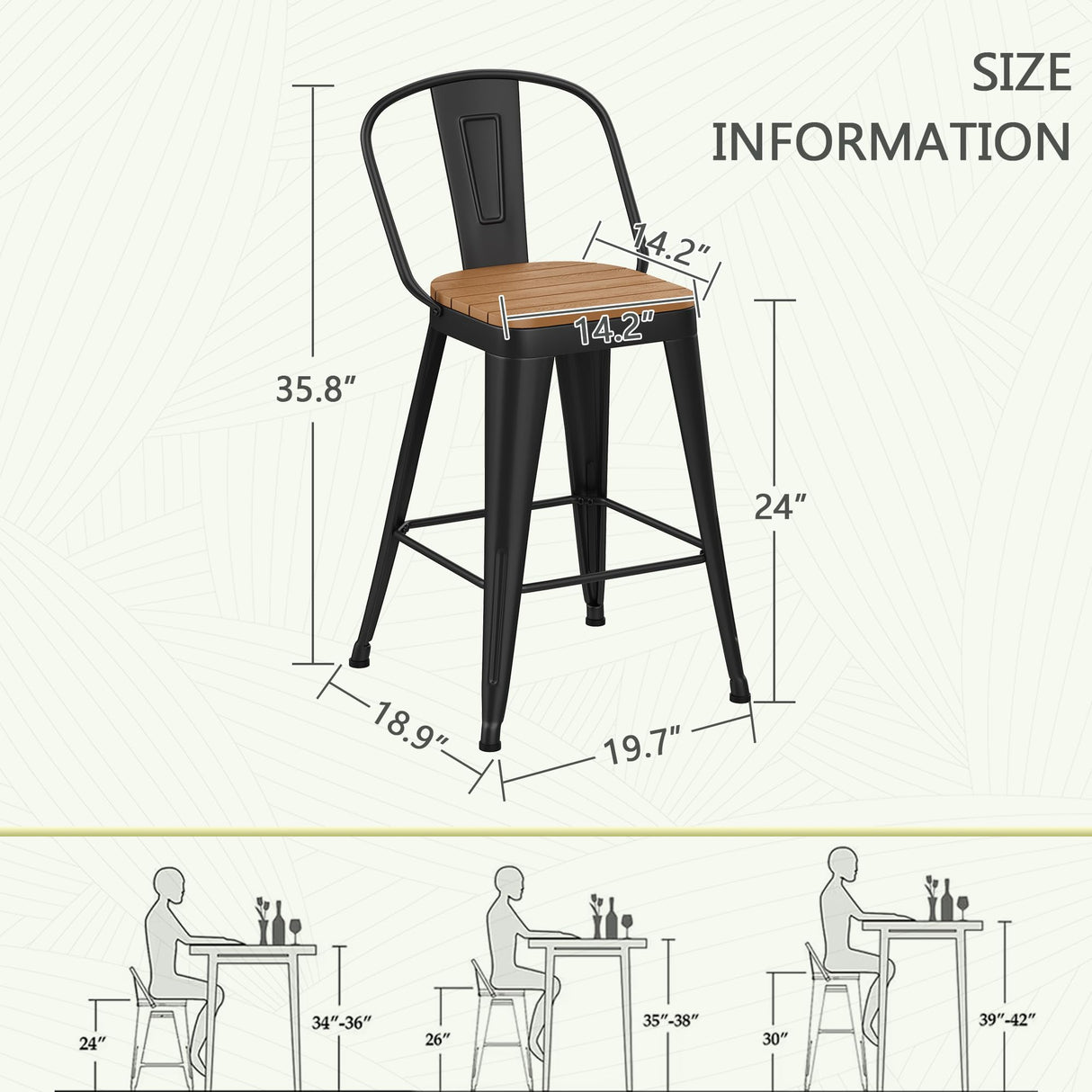 POINTANT Outdoor Metal Bar Stools Set of 4,24 inch Barstools Counter Height Bar Stool with High Back Farmhouse Kitchen Dining Chairs Bar Funiture for Outside POINTANT