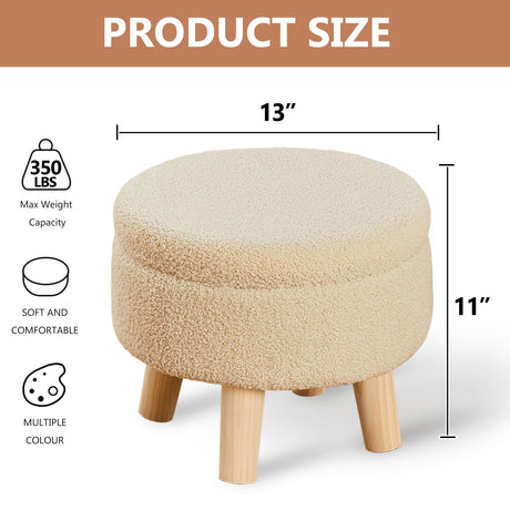Wimarsbon Storage Ottoman, Modern Round Footrest with Soft Padded Seat, Teddy Velvet Footstool with Wood Legs, Accent Small Table or Plant Stand for Hallway, Living Room (Off-White) Wimarsbon