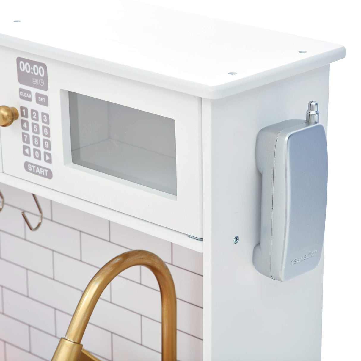 Teamson Kids Little Chef Boston Compact Farmhouse Interactive Wooden Play Kitchen with Sink, Oven, Microwave and Storage Space for Easy Clean Up, White with Gold Finishes Teamson Kids