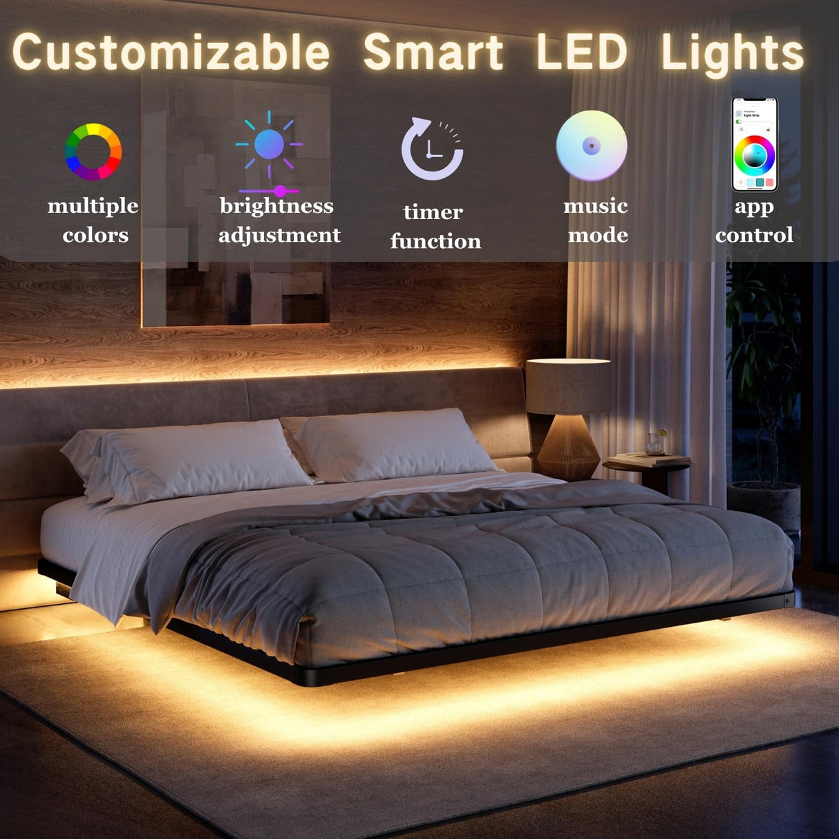 FDLOGW 8 in High Floating Bed Frame King with Led Lights & Charging Station, Metal Platform King Floating Bed Frame No Box Spring Needed, Heavy Duty, Noise Free FDLOGW