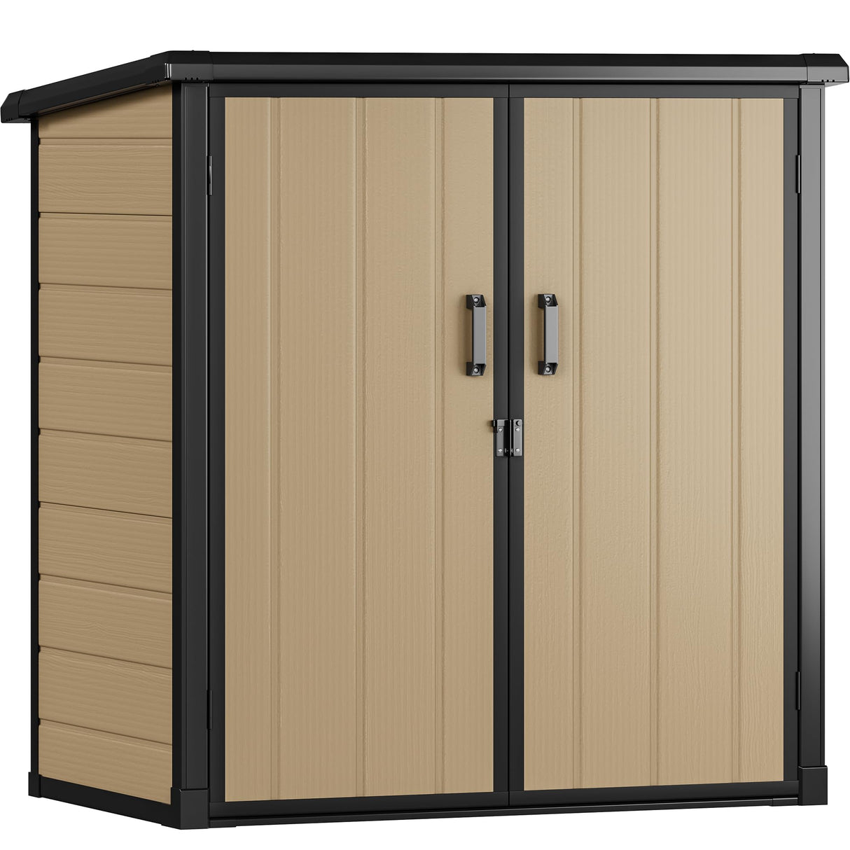 DWVO Outdoor Storage Shed with 2 Shelves, 51 Cu Ft Waterproof Resin Garden Shed with Floor & Lockable Door, Plastic Tool Cabinet for Garbage Cans, Lawn Equipment, Garden Supplies (Brown) DWVO