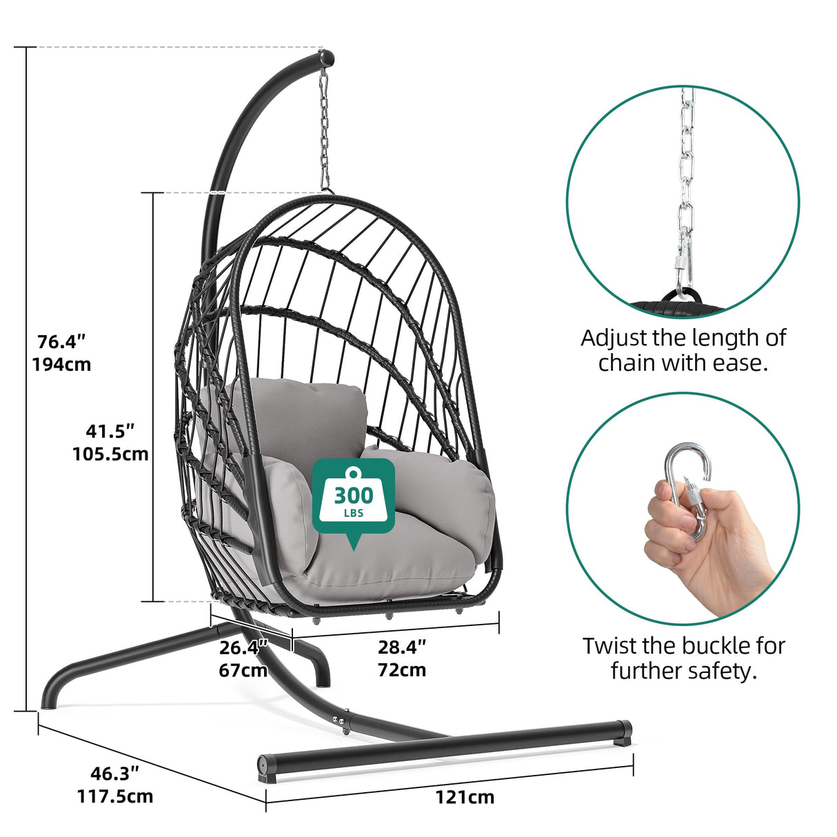 YITAHOME Hanging Egg Chair with Stand, Rattan Wicker Swing Egg Chair with Resistant Cushion, 300lbs Capacity, Foldable Hanging Basket Chair for Porch, Garden, Bedroom, Balcony - Grey YITAHOME