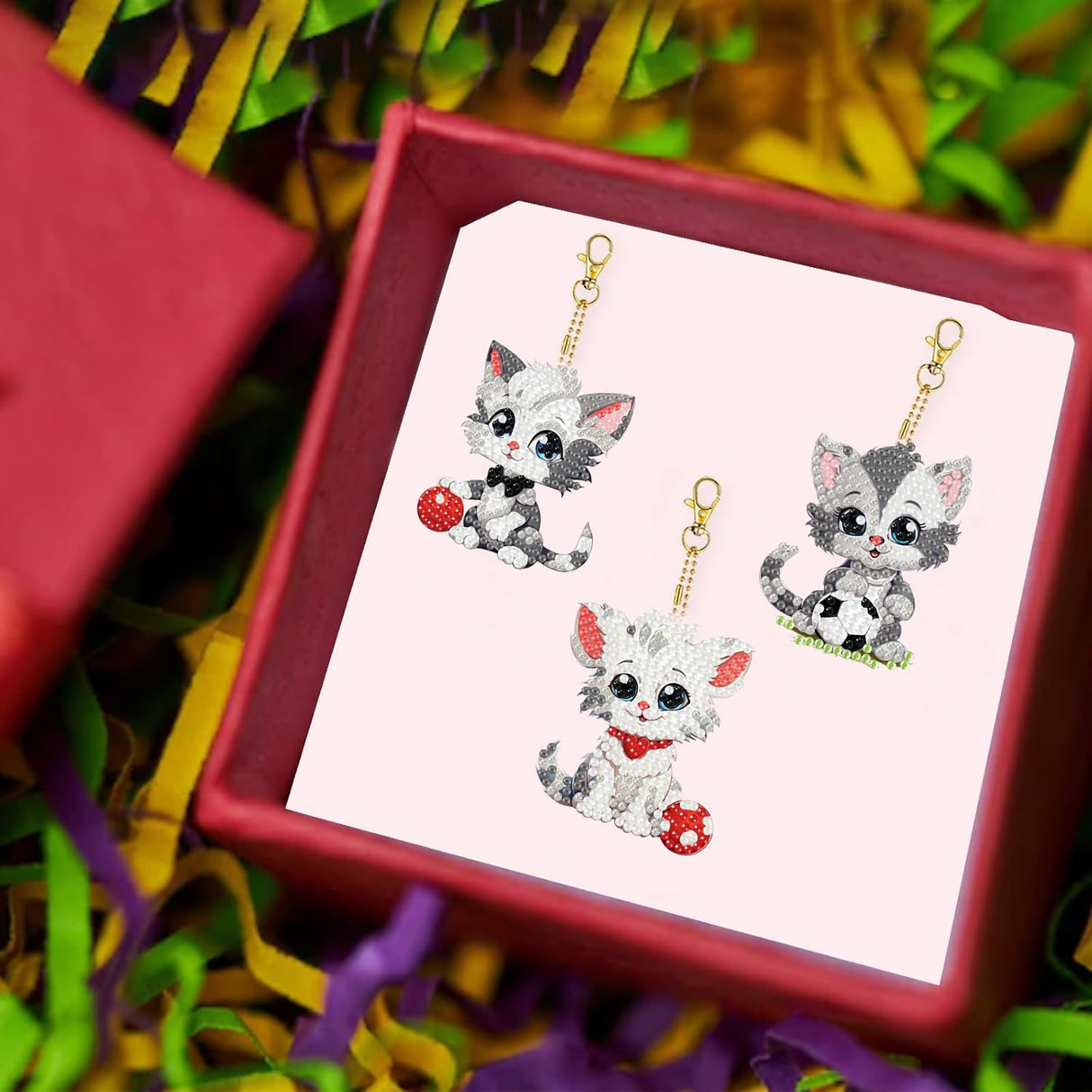 Masendp 8 Pieces Diamond Painting Keychain Animal Style Diamond Art Jewelry Double Sided 5D Diamond Painting Kit for Beginners Adult DIY Art Craft Gifts Home Decor (Football & Cat) Masendp