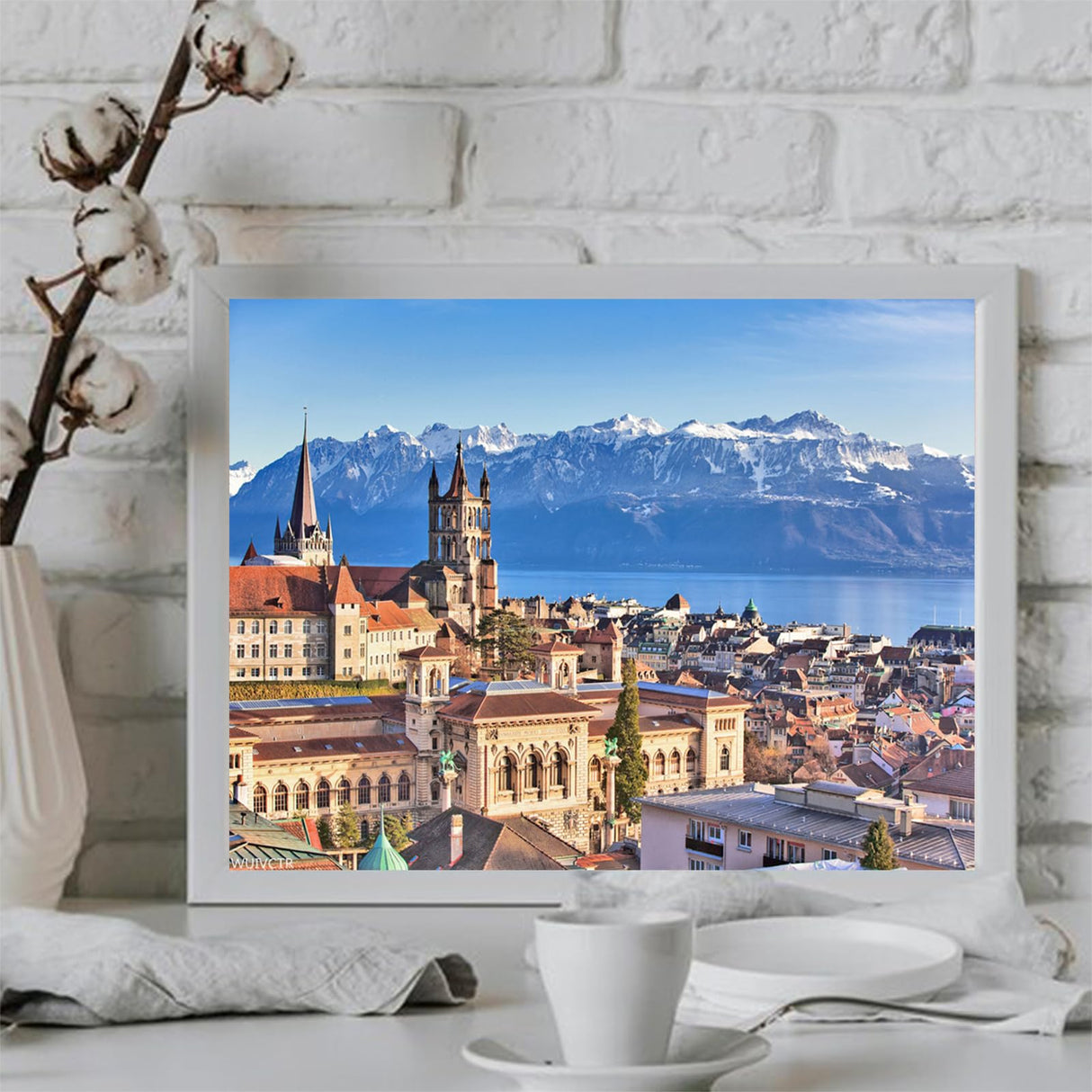 WUIVCTR Alps Mountain Landscape Lausanne Cityscape Switzerland Painting by Numbers DIY Unique Canvas Oil Painting Kit Digital Painting 16x20inch WUIVCTR