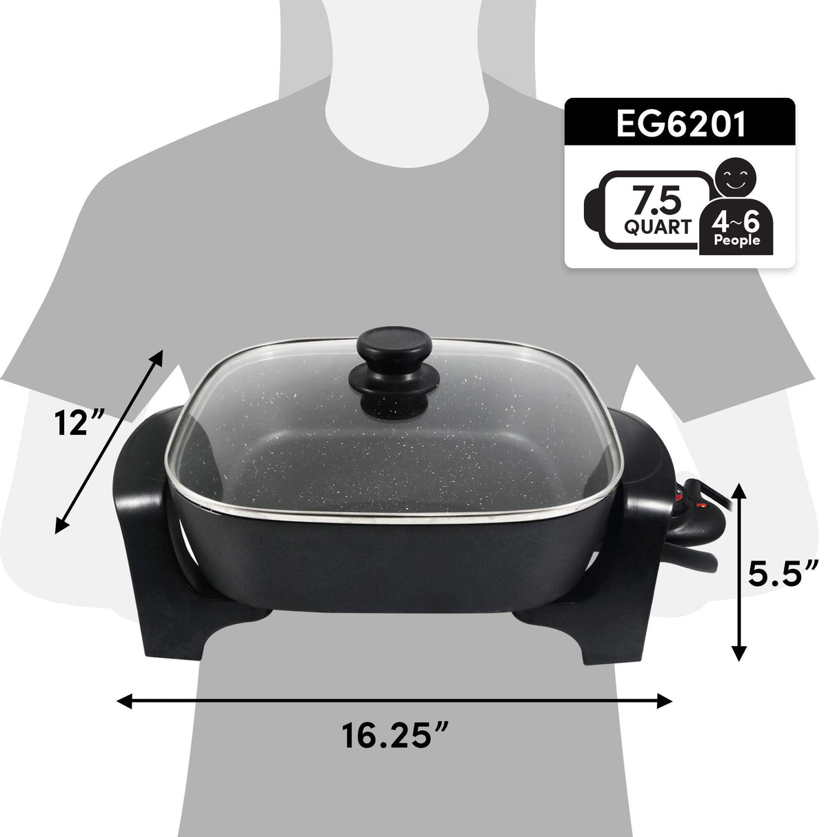 Elite Gourmet EG6201 Extra Deep 12"x12"x3.2" (7.5Qt.) Scratch Resistant Dishwasher Safe, Non-stick Electric Skillet with Glass Vented Lid, Adjustable Temperature, Black Elite Gourmet