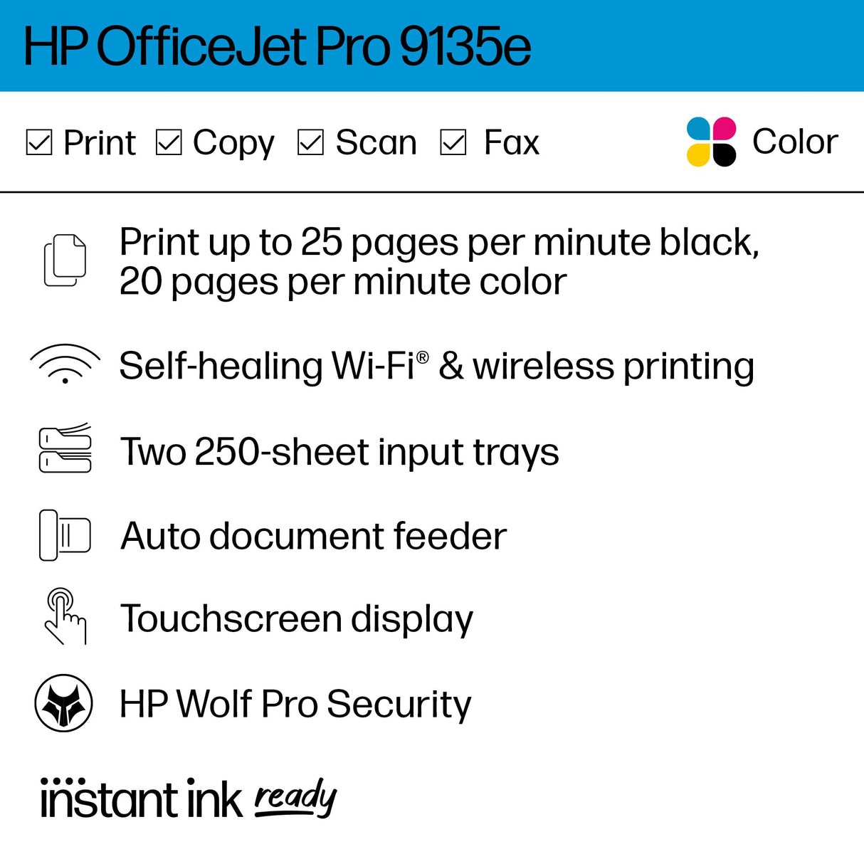 HP OfficeJet Pro 9135e All-in-One Printer, Color, Printer-for-Small Medium Business, Print, Copy, scan, fax, Wireless Instant Ink Eligible (3 months included); Two-Sided Printing; Two-Sided scanning; HP