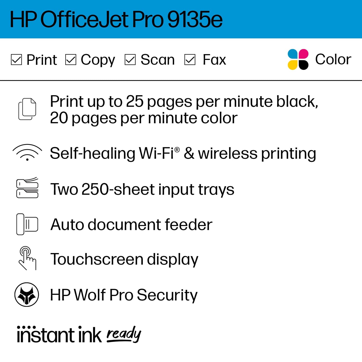 HP OfficeJet Pro 9135e All-in-One Printer, Color, Printer-for-Small Medium Business, Print, Copy, scan, fax, Wireless Instant Ink Eligible (3 months included); Two-Sided Printing; Two-Sided scanning;