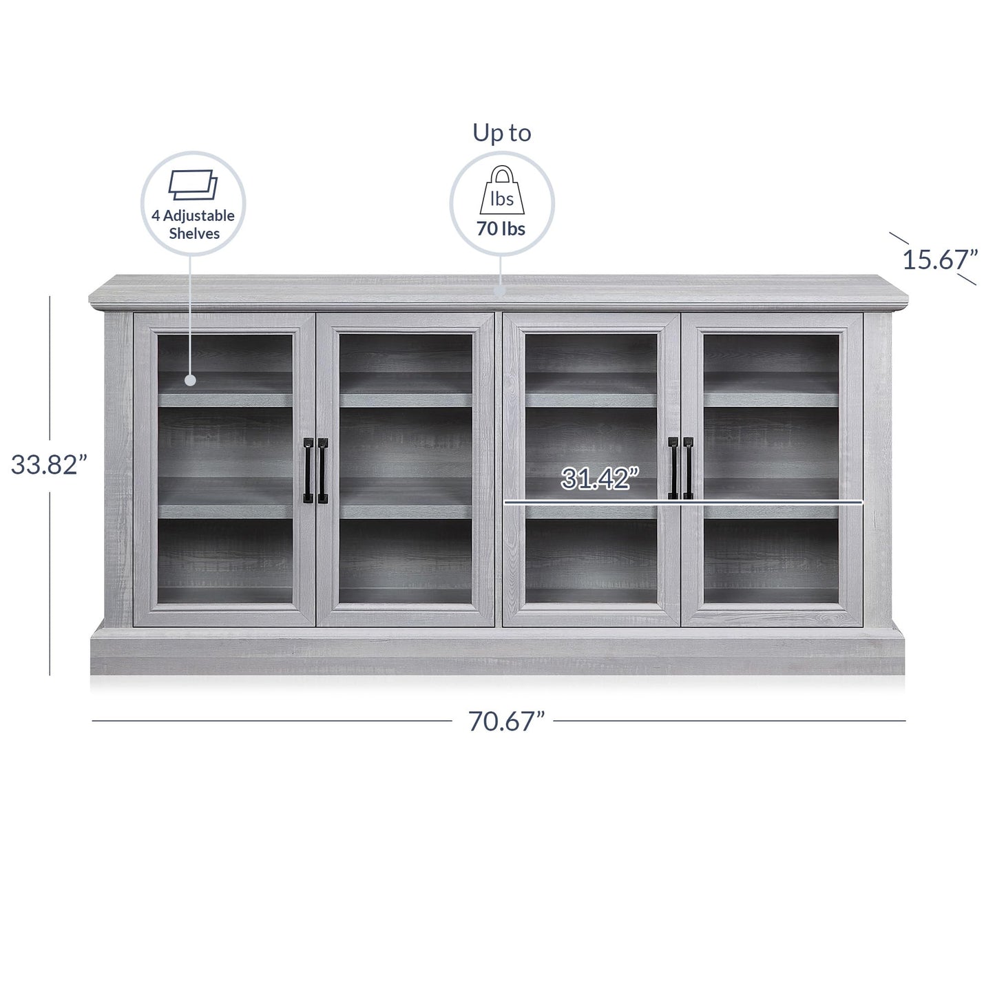 BELLEZE 70 Inch Sideboard Buffet Cabinet, Entertainment Center with Storage, Glass Display Cabinet with Adjustable Shelves Console Table Storage