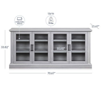 BELLEZE 70 Inch Sideboard Buffet Cabinet, Entertainment Center with Storage, Glass Display Cabinet with Adjustable Shelves Console Table Storage