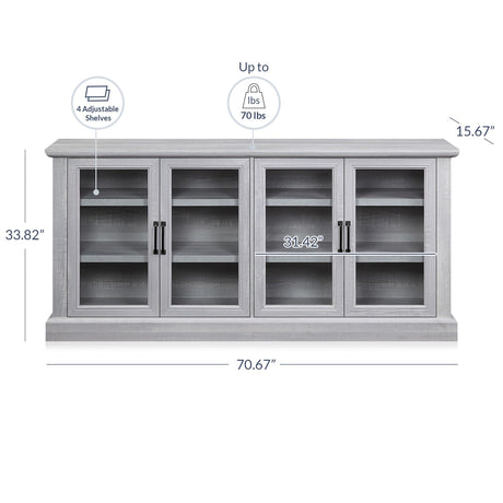 BELLEZE 70 Inch Sideboard Buffet Cabinet, Entertainment Center with Storage, Glass Display Cabinet with Adjustable Shelves Console Table Storage BELLEZE
