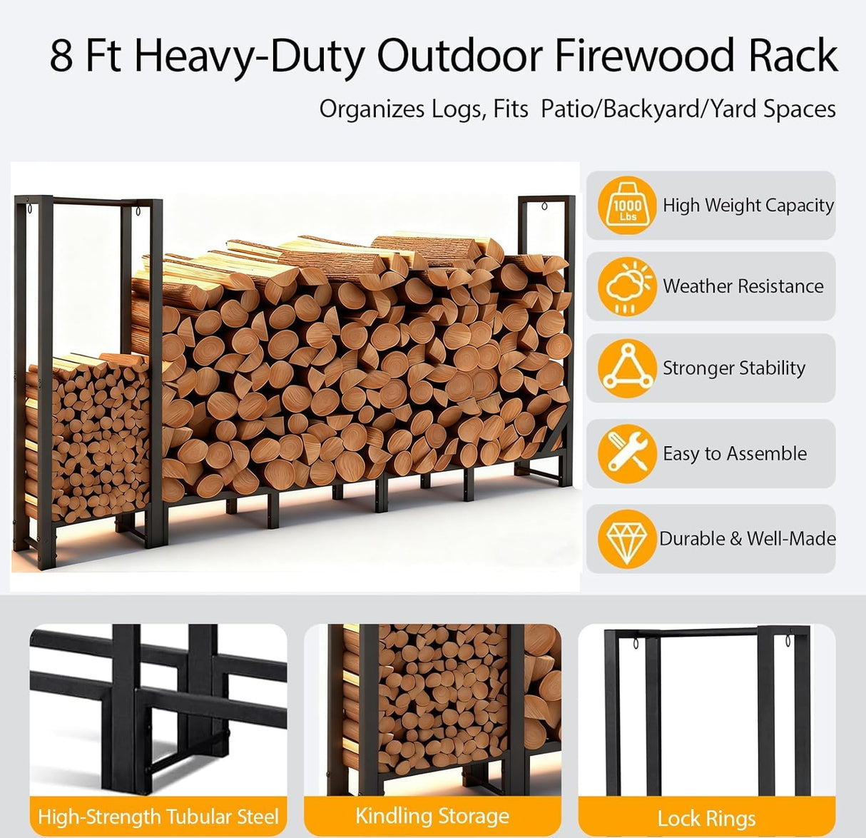 Shomextol 8ft Large Firewood Rack Outdoor, Heavy Duty Metal Wood Rack with Kindling Storage - For Indoor & Outdoor Fireplace, Wood Pile Organizer,Black Shomextol
